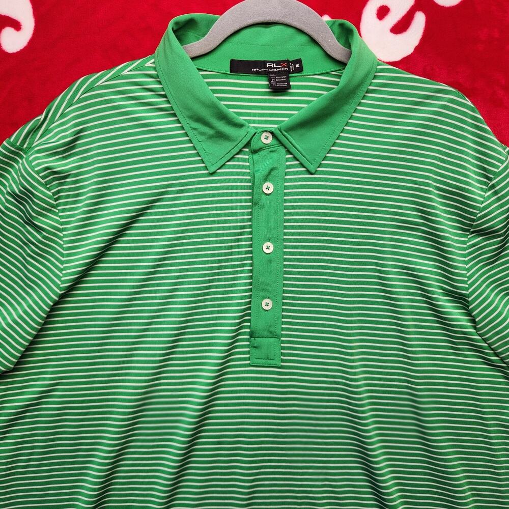 RLX Ralph Lauren Golf Polo Shirt Mens XXL Green White Stripe Performance Stretch